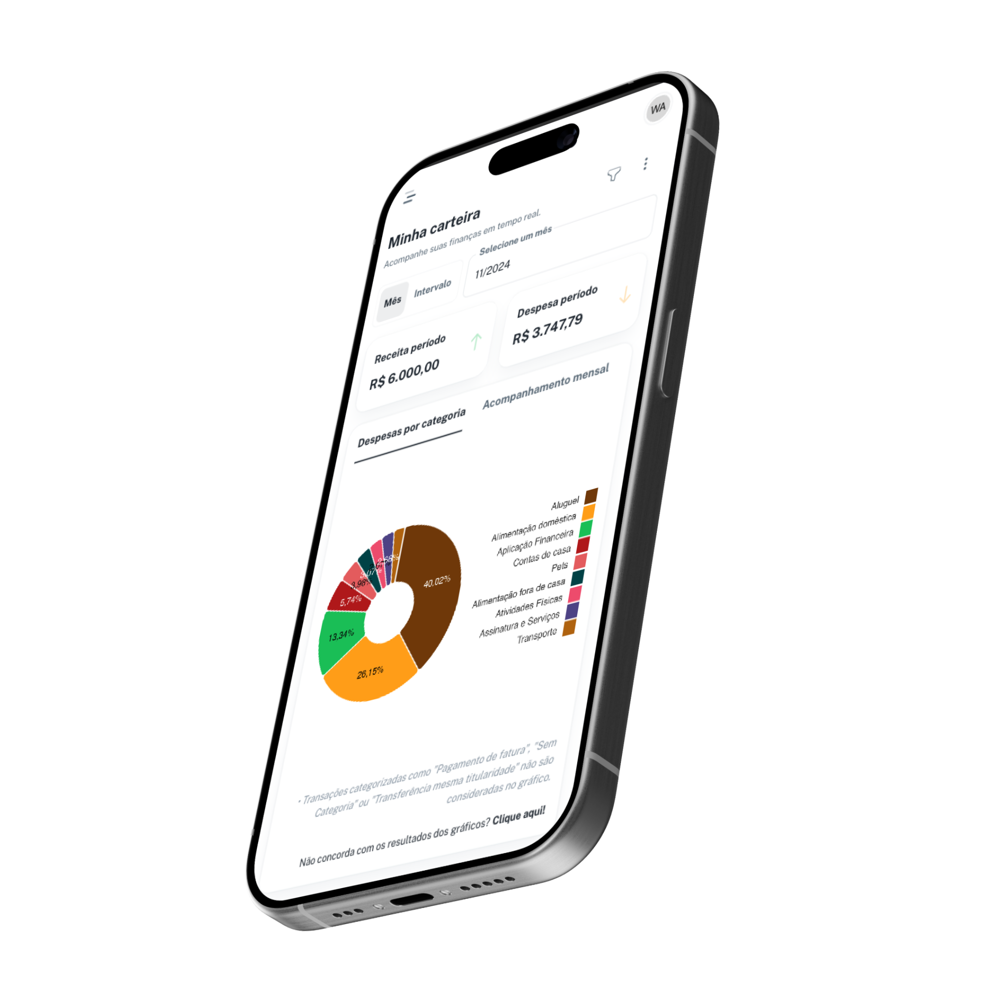 App investPass mostrando carteira do colaborador com gráfico de despesas por categoria